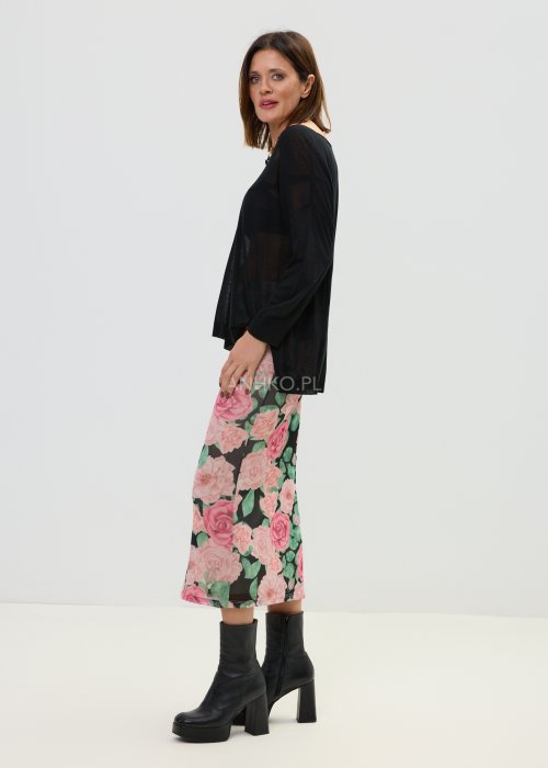 Zwiewna Spódnica Damska Garden Air kwiatowa z różami na ciemnym tle midi dopasowana z tylnym rozcięciem