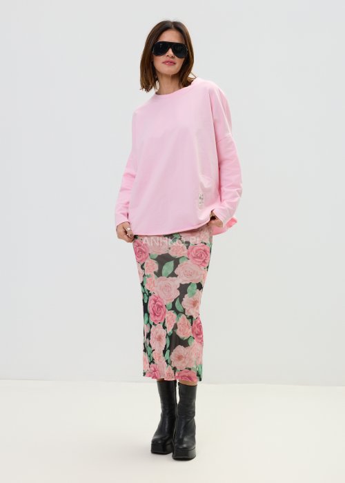 Zwiewna Spódnica Damska Garden Air kwiatowa z różami na ciemnym tle midi dopasowana z tylnym rozcięciem