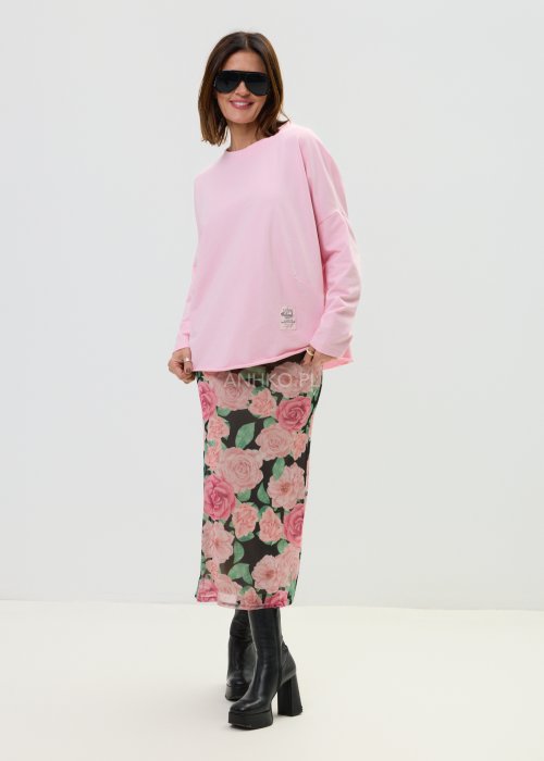 Zwiewna Spódnica Damska Garden Air kwiatowa z różami na ciemnym tle midi dopasowana z tylnym rozcięciem