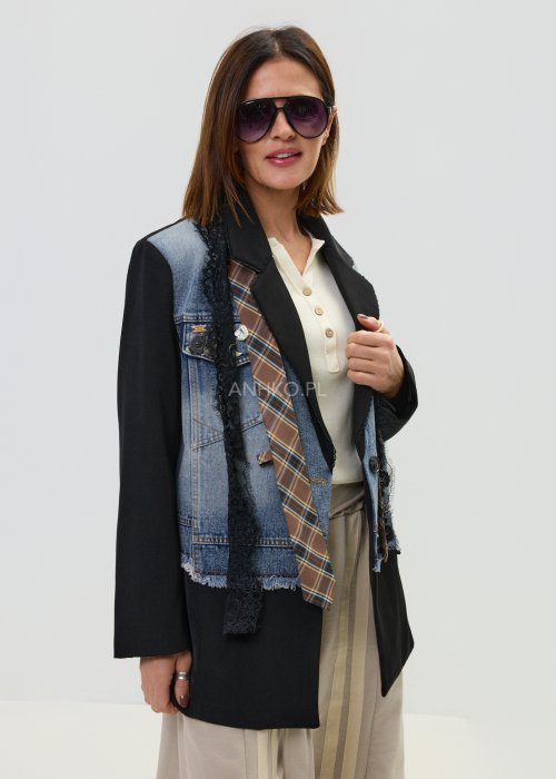 Marynarka damska czarna z jeansowymi panelami i koronkowym wykończeniem