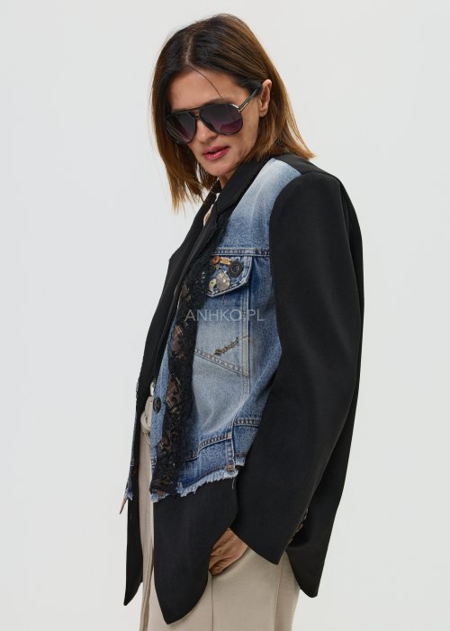 Marynarka damska czarna z jeansowymi panelami i koronkowym wykończeniem