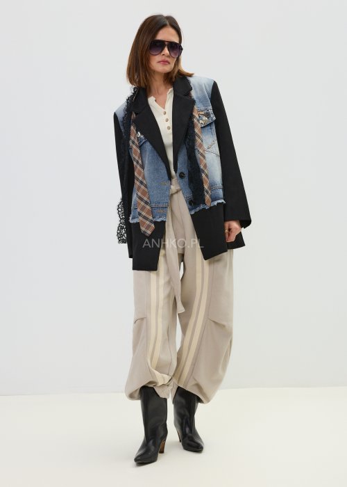 Marynarka damska czarna z jeansowymi panelami i koronkowym wykończeniem