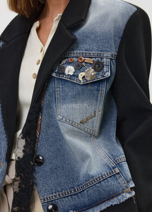 Marynarka damska czarna z jeansowymi panelami i koronkowym wykończeniem