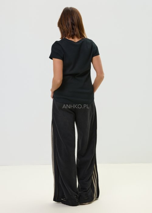 Damskie spodnie sportowe czarne z bocznymi paskami i suwakami