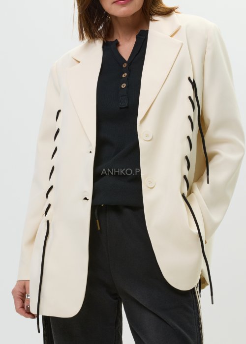 Marynarka damska ecru oversize z ozdobnym sznurowaniem