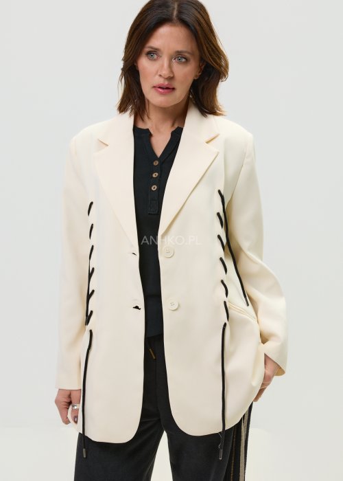 Marynarka damska ecru oversize z ozdobnym sznurowaniem