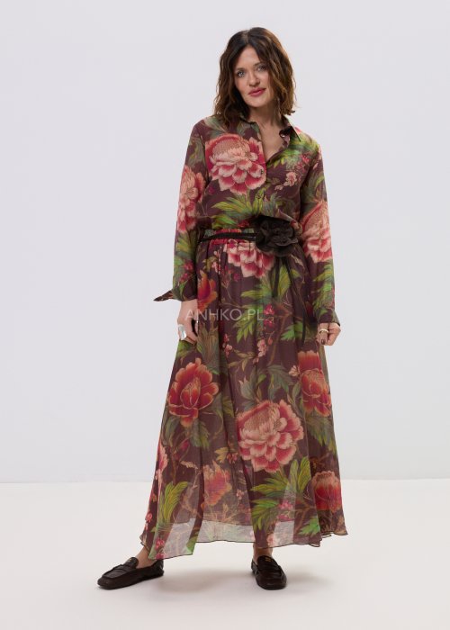 Długa spódnica damska w kwiatowy wzór z paskiem i ozdobnym kwiatem