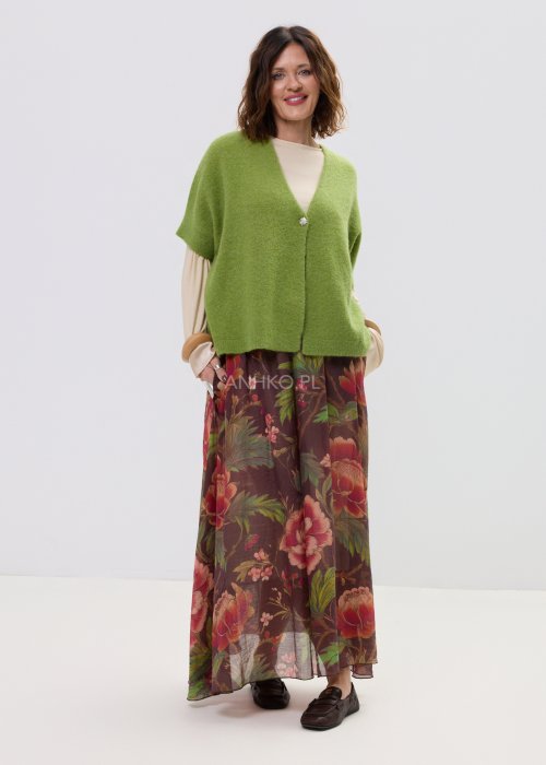 Długa spódnica damska w kwiatowy wzór z paskiem i ozdobnym kwiatem