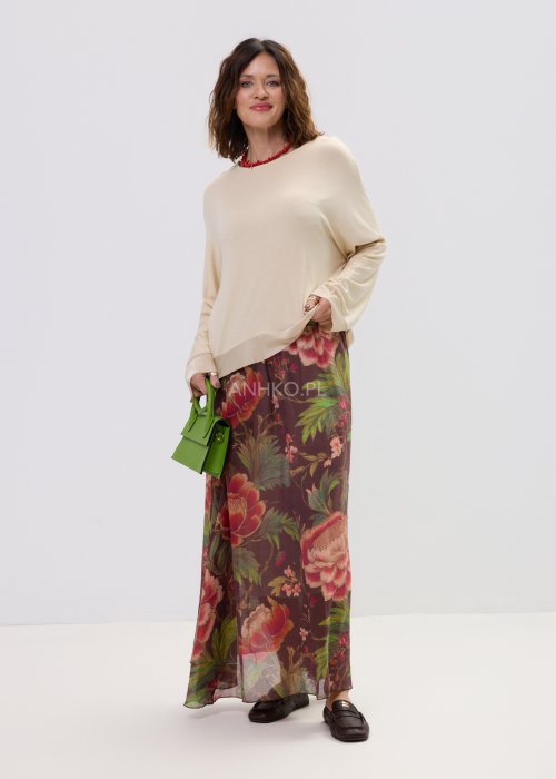Długa spódnica damska w kwiatowy wzór z paskiem i ozdobnym kwiatem