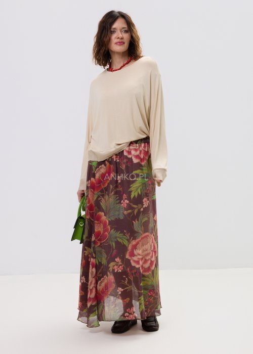 Długa spódnica damska w kwiatowy wzór z paskiem i ozdobnym kwiatem