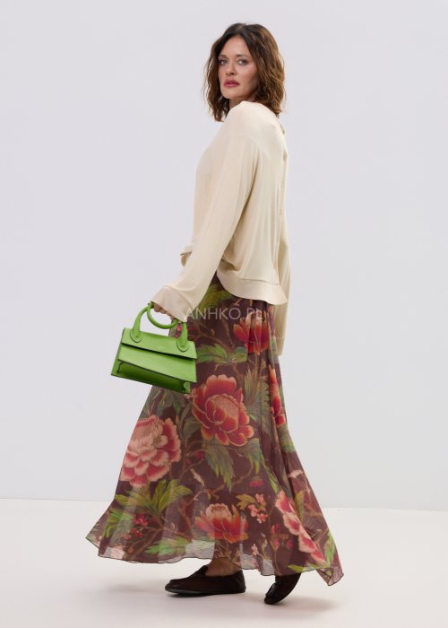 Długa spódnica damska w kwiatowy wzór z paskiem i ozdobnym kwiatem
