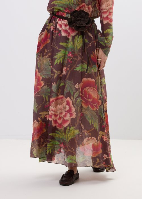 Długa spódnica damska w kwiatowy wzór z paskiem i ozdobnym kwiatem