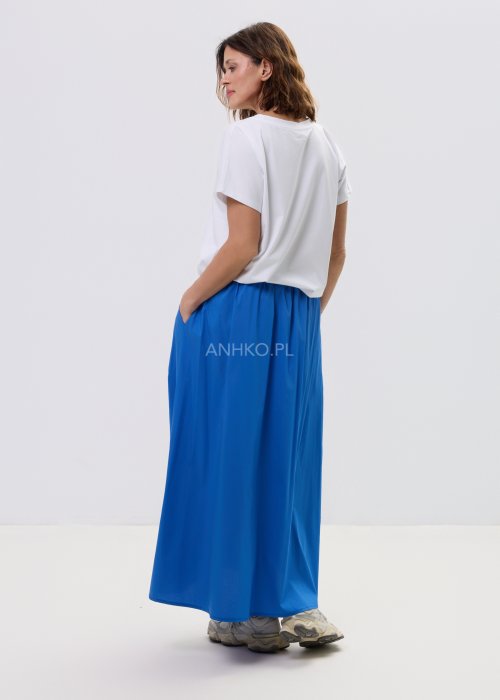 Niebieska spódnica maxi z marszczeniem z przodu – elegancka spódnica damska z wysokim stanem