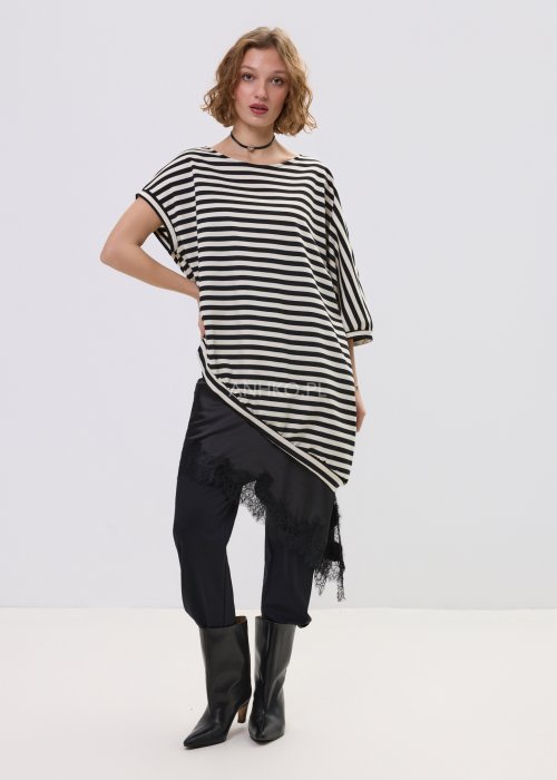 Bluzka w Paski Tunicinna Czarno-Kremowa 