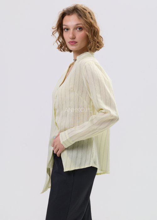 Asymetryczna koszula damska w kolorze cytrynowym z subtelnym prążkowanym wzorem – luźny fason zapinany na guziki z długim rękawem