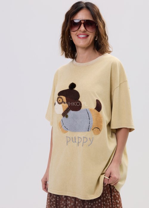 Bluzka oversize beżowa z aplikacją psa i napisem „puppy” – luźny fason z krótkim rękawem i miękko układający się materiał