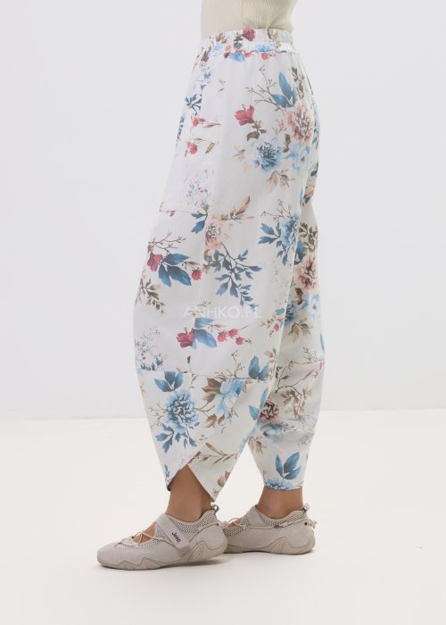 Spodnie damskie w kwiatowy print z szeroką nogawką i kieszeniami cargo – luźny fason z elastyczną talią i pastelowym wzorem