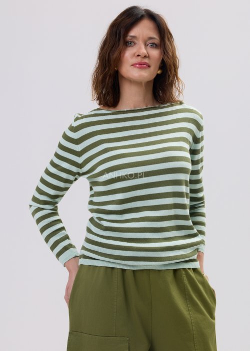 Sweter damski w paski w odcieniach khaki i jasnej mięty z długim rękawem i klasycznym półokrągłym dekoltem.