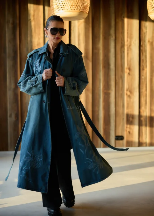 Haftowany Trencz Jeansowy Veron Denim 