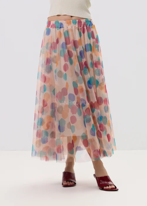 Zwiewna spódnica midi z tiulu w pastelowe, wielokolorowe kropki, o lekkim, transparentnym materiale i rozkloszowanym fasonie. Elastyczna talia zapewnia komfort noszenia, a print dodaje stylizacji świeżości i lekkości