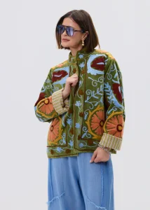 Welurowy Żakiet Boho Statement Zielony 