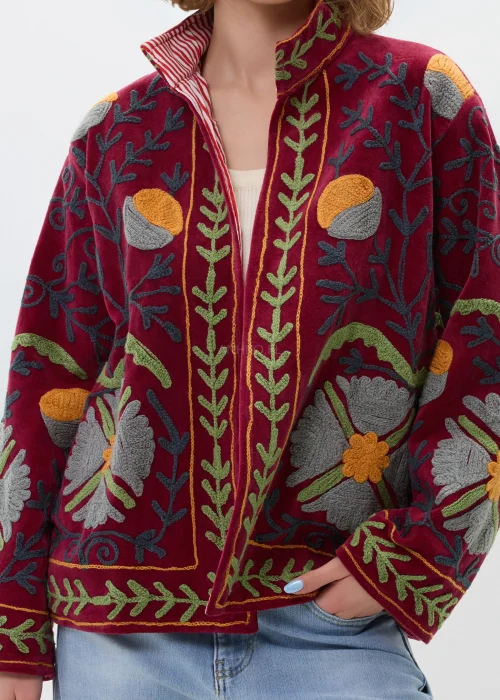 Welurowy Żakiet Boho Velorita Bloom Burgundowy