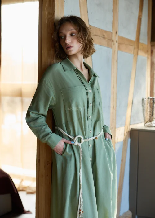 Sukienka z Dodatkiem Lnu Nomad Zielona 