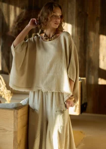 Bluzka z Dodatkiem Lnu Raw Edge Beżowa 