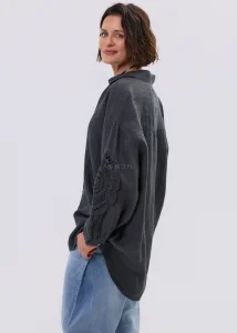 Koszula Lniana Crochet Sleeves Grafitowa 