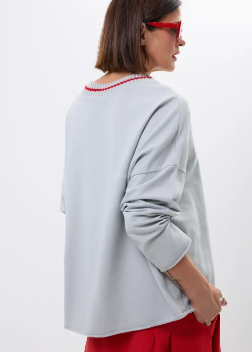 Szara bluza oversize z ozdobnym prążkowanym dekoltem i czerwonym akcentem. Luźny fason z długim rękawem, idealny do codziennych stylizacji.