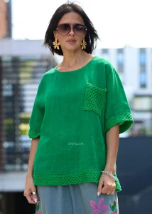 Bluzka Lniana Crochet Zielona 