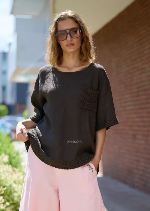 Bluzka Lniana Crochet Brązowa 