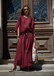 Bluzka Lniana Sole Anne Bordowa