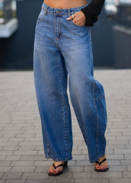 Niebieskie damskie jeansy z szerokimi nogawkami, z efektem spranego denimu, wysokim stanem i klasycznym zapięciem na guzik oraz zamek.