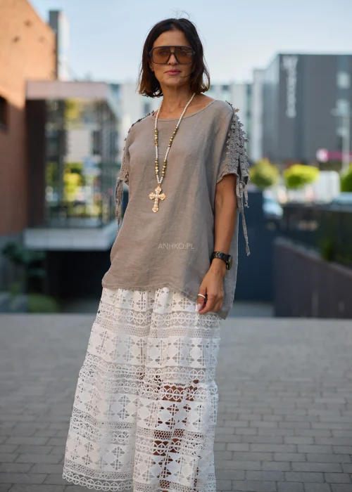 Bluzka damska lniana taupe z koronkowymi rękawami i wiązaniem – oversize
