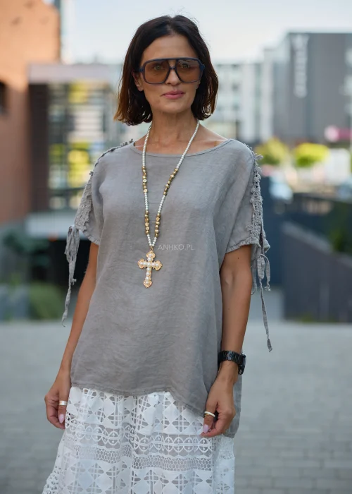Bluzka damska lniana taupe z koronkowymi rękawami i wiązaniem – oversize