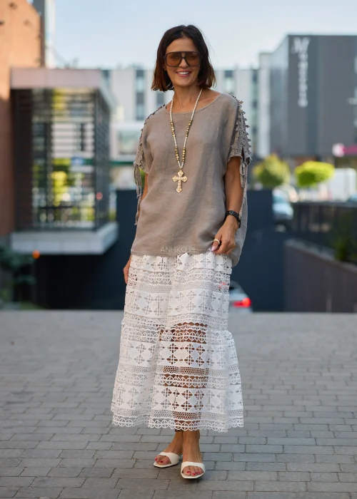 Bluzka damska lniana taupe z koronkowymi rękawami i wiązaniem – oversize