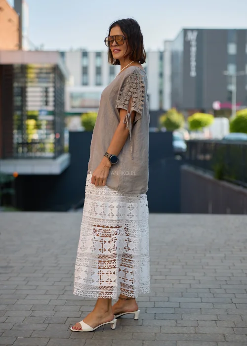 Bluzka damska lniana taupe z koronkowymi rękawami i wiązaniem – oversize