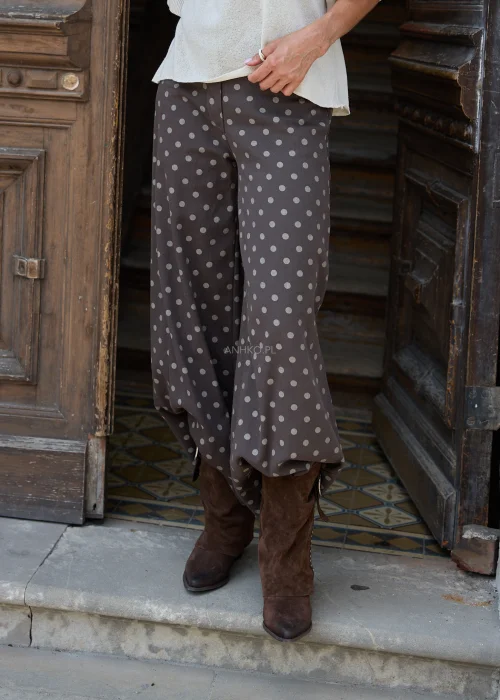 Spodnie Retro Dots Brązowe w Beżowe Groszki 