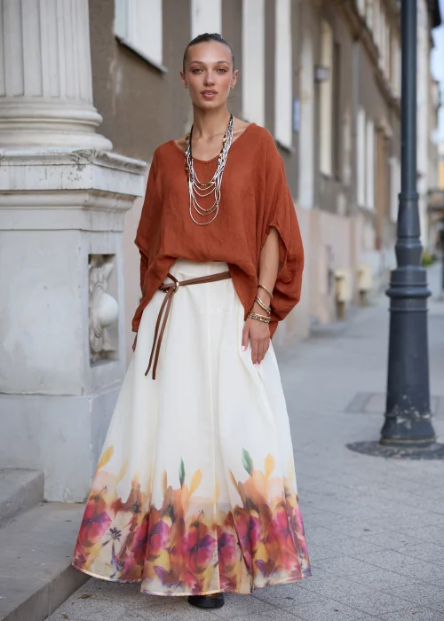 Bluzka damska lniana oversize z szerokimi rękawami – ceglana