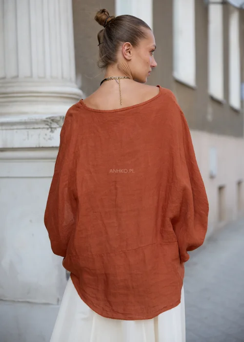 Bluzka damska lniana oversize z szerokimi rękawami – ceglana