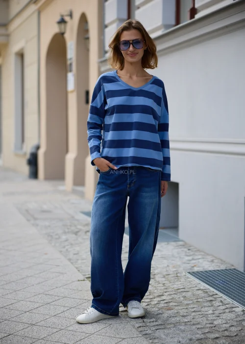 Denimowe jeansy damskie Varello w ciemnoniebieskim kolorze, szeroki fason wide leg z wysokim stanem i klasycznymi kieszeniami.
