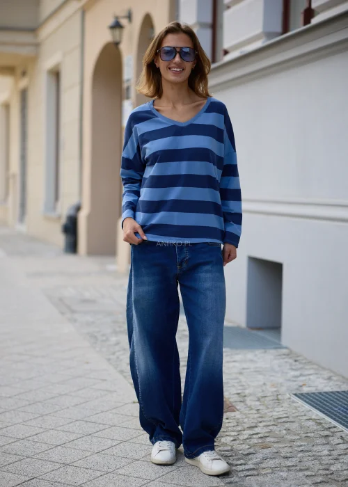 Denimowe jeansy damskie Varello w ciemnoniebieskim kolorze, szeroki fason wide leg z wysokim stanem i klasycznymi kieszeniami.