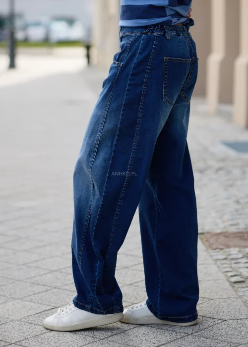 Denimowe jeansy damskie Varello w ciemnoniebieskim kolorze, szeroki fason wide leg z wysokim stanem i klasycznymi kieszeniami.