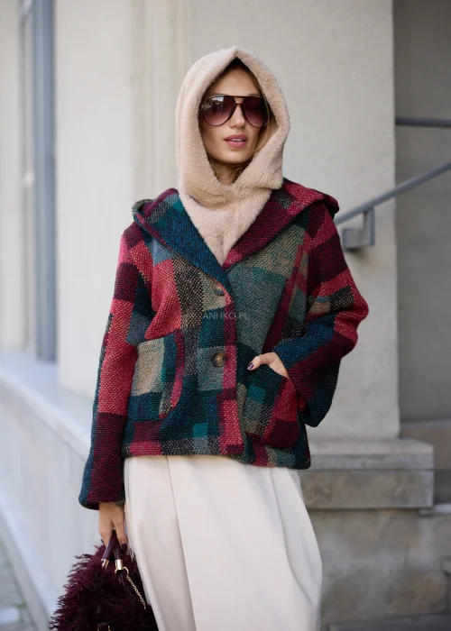 Kurtka Płaszczowa Nareen Tartan Bordowo-Granatowa