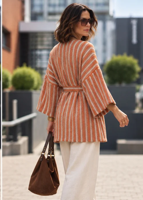 Pomarańczowe kimono damskie w paski z szerokimi rękawami, lekkie narzutka w stylu boho
