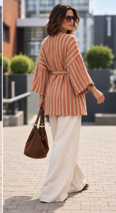 Pomarańczowe kimono damskie w paski z szerokimi rękawami, lekkie narzutka w stylu boho