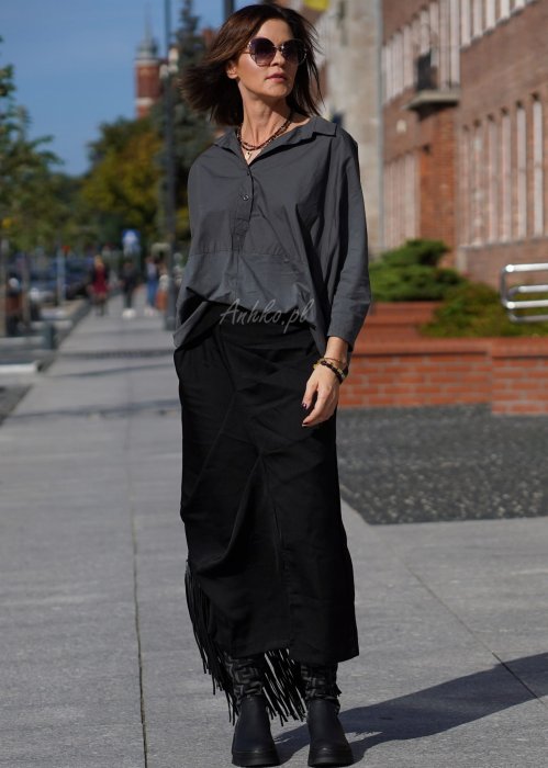 szara koszula damska oversize Alia z kołnierzem i guzikami, luźna bawełniana koszula damska w stylizacji miejskiej