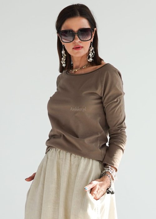 Bawełniana bluzka brązowa z długim rękawem o prostym, luźnym kroju