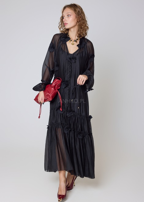 Czarna szyfonowa sukienka maxi o luźnym fasonie boho z długim rękawem transparentnym dekoltem V
